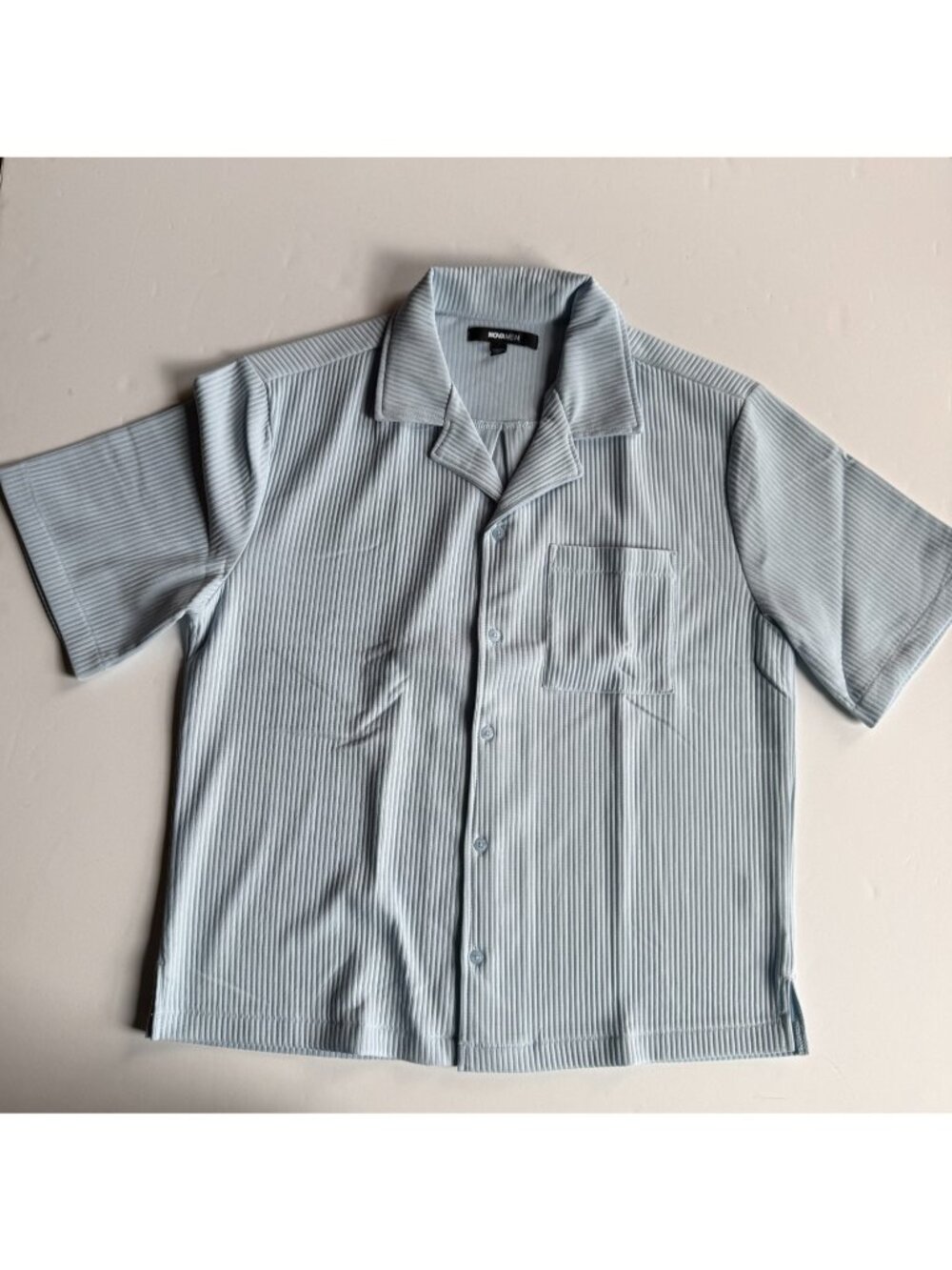 NOVA MEN Baby Blue Ribbed Button-Up SS Shirt – Men's Medium